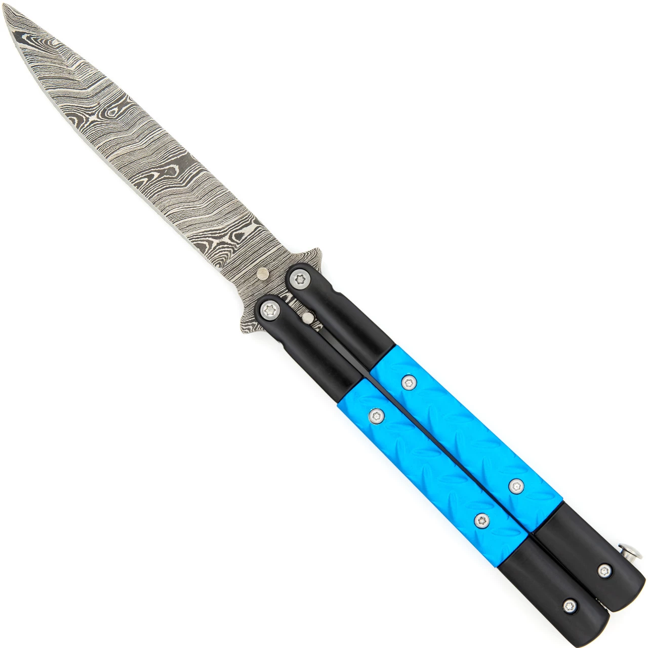 Azure Sky Butterfly Knife With Hard ABS Sheath | Damascus Steel | Drop Point Blade 3 Azure Sky Butterfly Knife With Hard ABS Sheath | Damascus Steel | Drop Point Blade