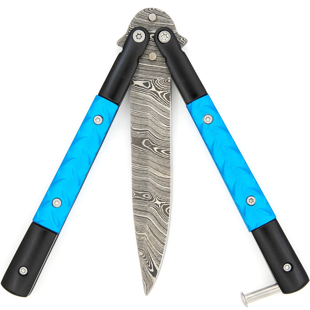 Azure Sky Butterfly Knife With Hard ABS Sheath | Damascus Steel | Drop Point Blade 7 Azure Sky Butterfly Knife With Hard ABS Sheath | Damascus Steel | Drop Point Blade - Image 5