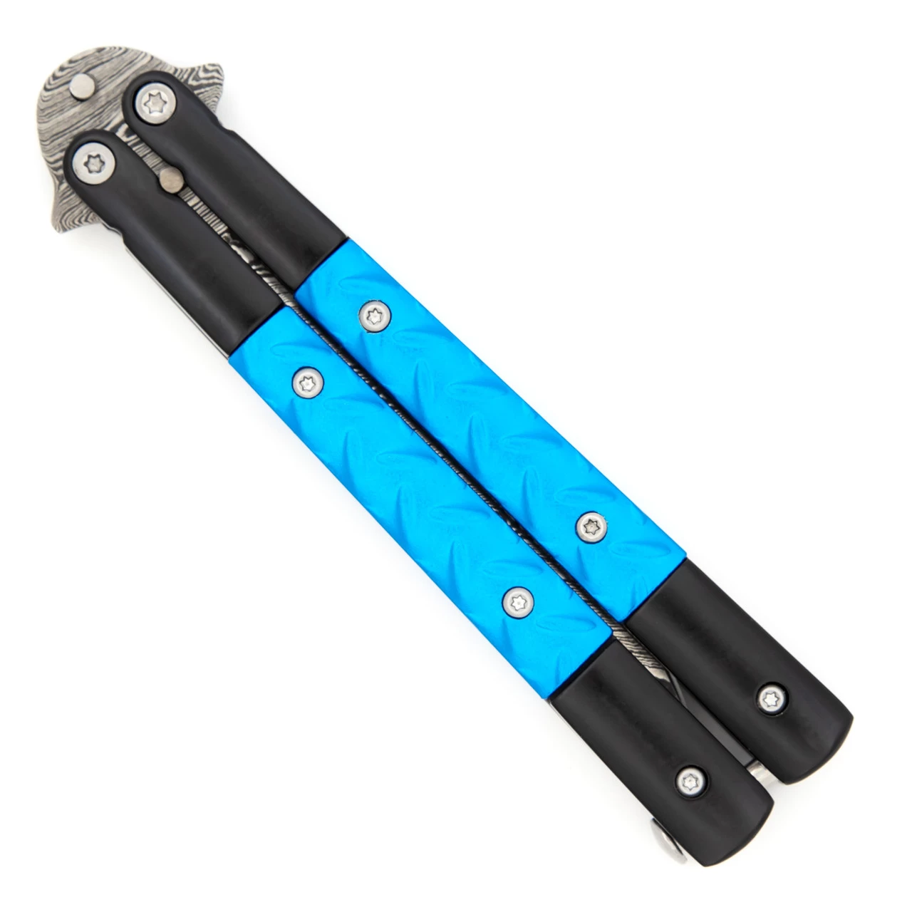 Azure Sky Butterfly Knife With Hard ABS Sheath | Damascus Steel | Drop Point Blade 6 Azure Sky Butterfly Knife With Hard ABS Sheath | Damascus Steel | Drop Point Blade - Image 4