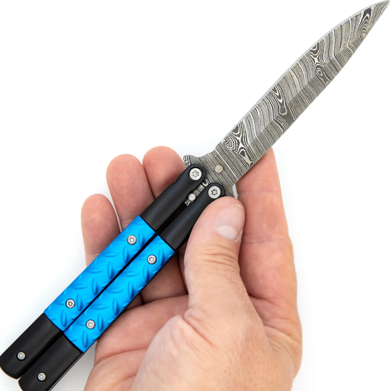 Azure Sky Butterfly Knife With Hard ABS Sheath | Damascus Steel | Drop Point Blade 4 Azure Sky Butterfly Knife With Hard ABS Sheath | Damascus Steel | Drop Point Blade - Image 2