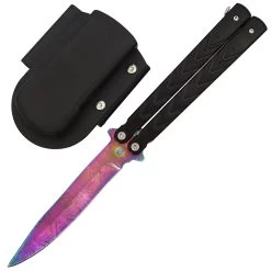 Black Butterfly Balisong Knife With Hard ABS Sheath | Drop Point Blade | Titanium Damascus Steel