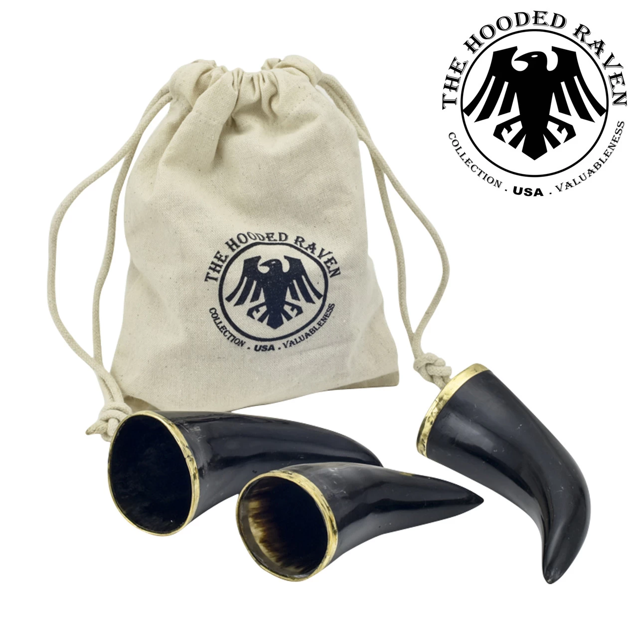 The Hooded Raven ™ 3-Piece Drinking Horn Shot Set Canvas Bag Carrier Included 3 The Hooded Raven ™ 3-Piece Drinking Horn Shot Set Canvas Bag Carrier Included