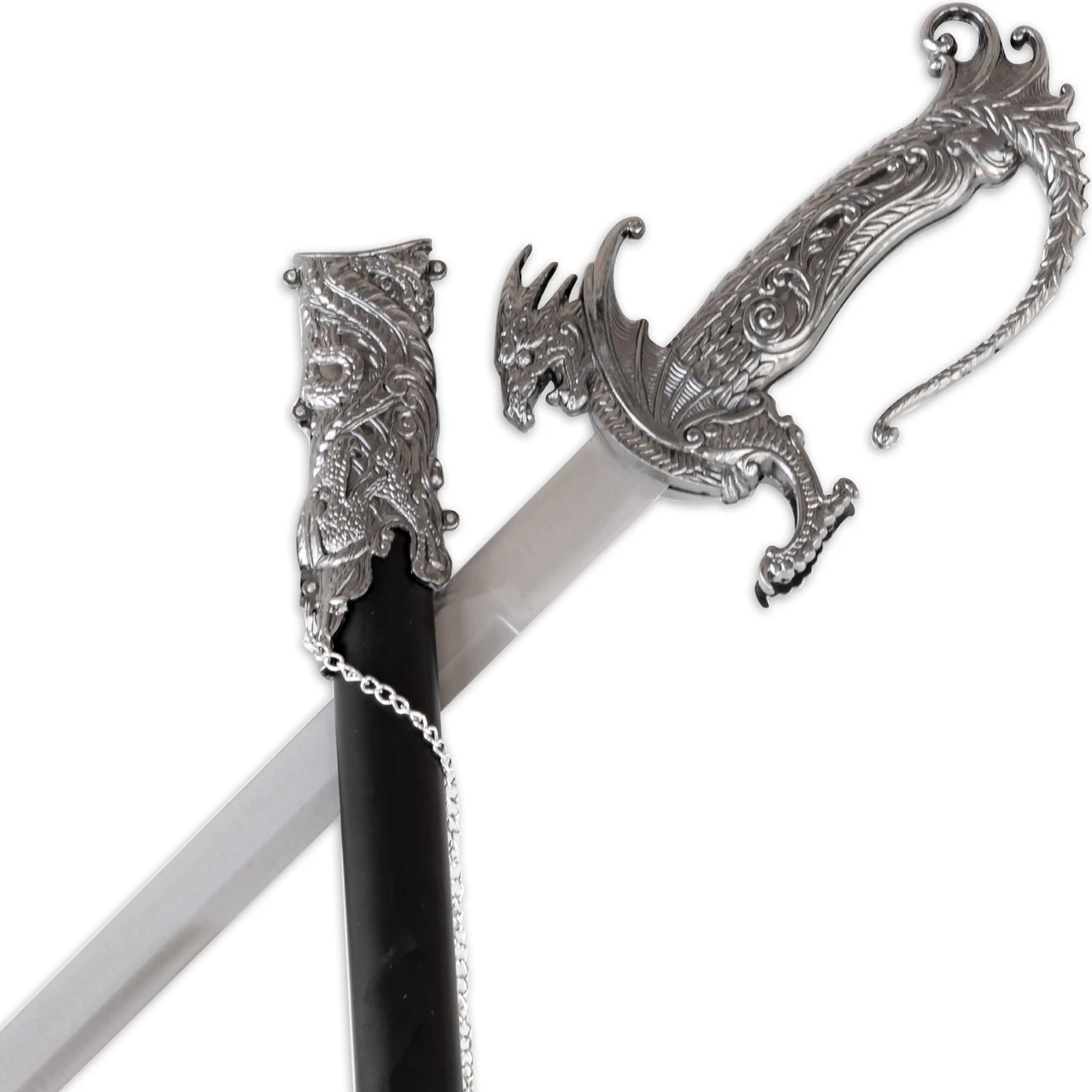 Ash-stained Wasteland Dragon Serpent Chinese Sword | Antiqued Silver Wyvern Ceremonial 37” Royal Dynasty Saber 5 Ash-stained Wasteland Dragon Serpent Chinese Sword | Antiqued Silver Wyvern Ceremonial 37” Royal Dynasty Saber - Image 3